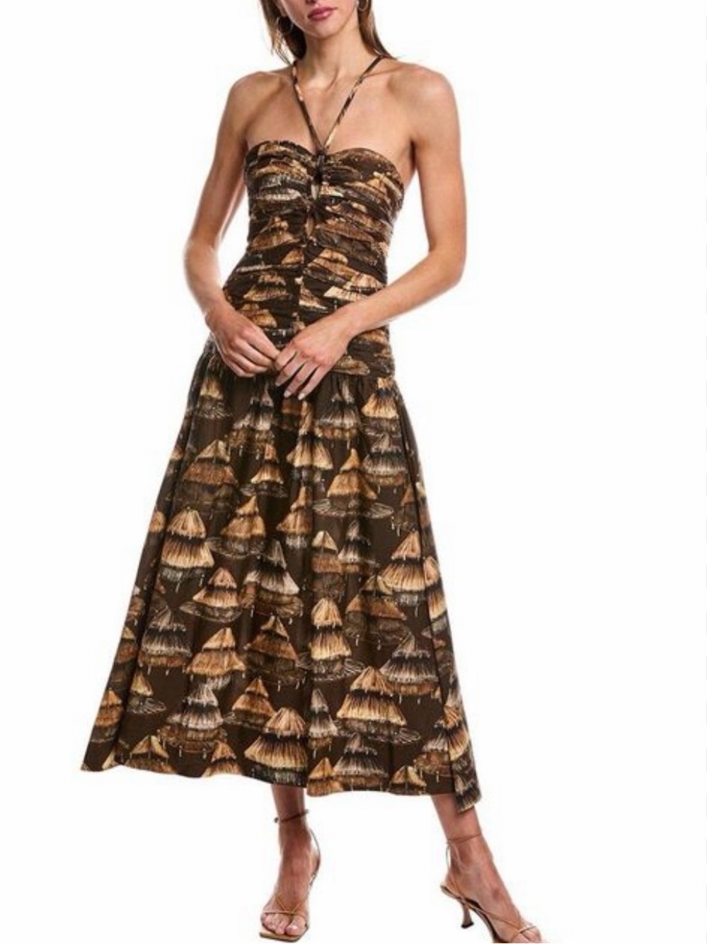 FARM Rio Strapless Brown & Tan Patterned Midi Dress